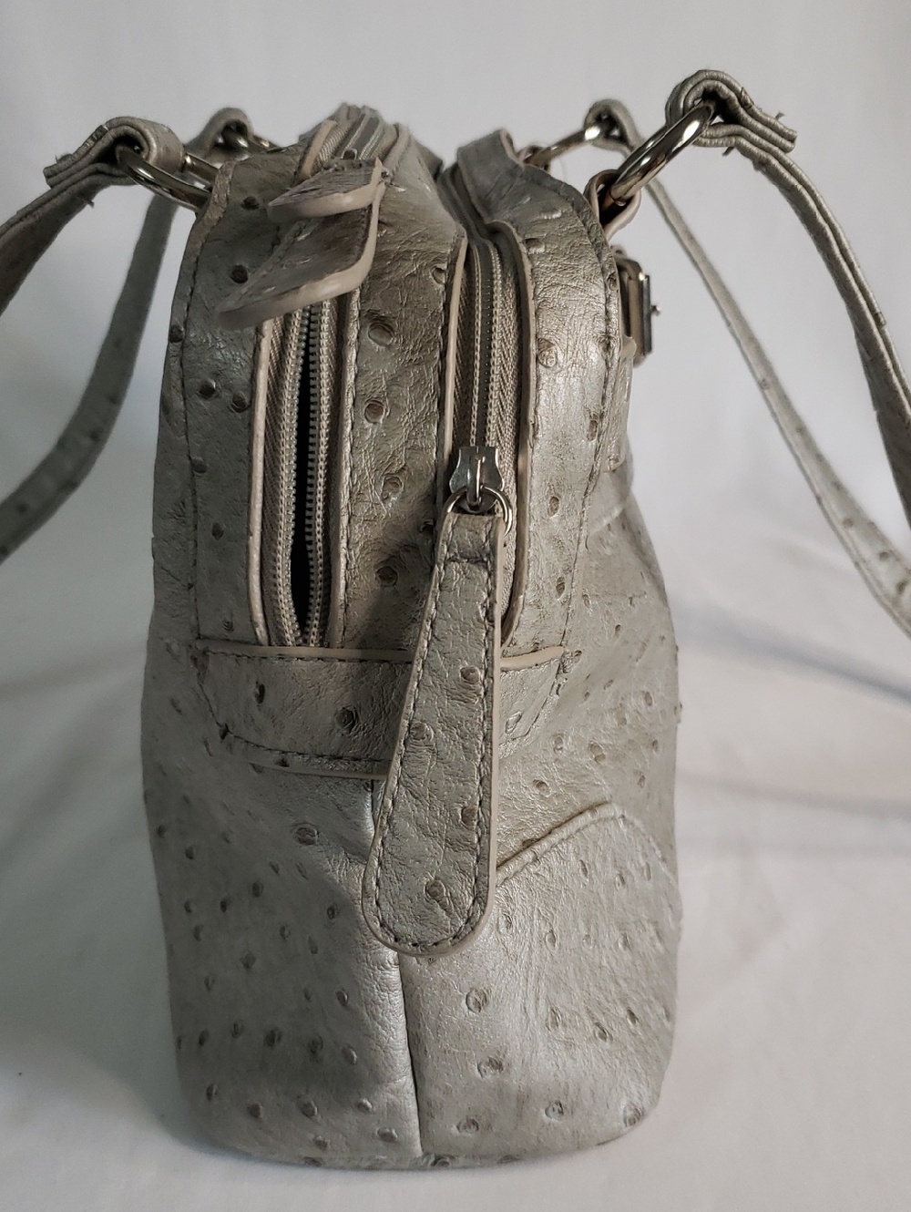 Rosetti Metallic Silver/Pale Gray Ostrich Embossed Handbag with Buckle Accent - Picture 4 of 6